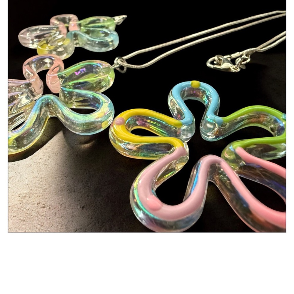 Pastel color resin Flower Pendant Necklace and Earrings set in sterling silver.